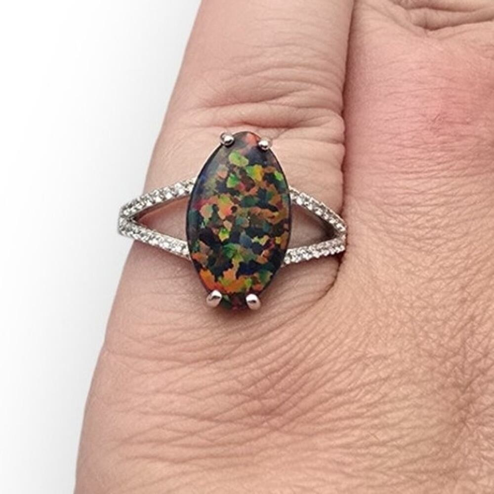 Black Opal Style Marquise Sterling Silver 925 Ring – Split Band Sz 9